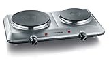 SEVERIN Placa de cocina doble portátil, placa eléctrica para cocinar con 2 fuegos, hornillo eléctrico de mesa con termostato regulable de acero inoxidable pulido, 2.500 W, KP 1014
