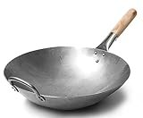 Craft Wok Wok tradicional de acero de carbono forjado a mano, con mango auxiliar de madera y acero (diámetro 35,6 cm, fondo redondo)/731W88
