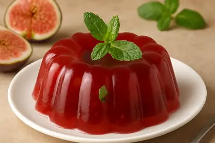 gelatina em um prato na cor branca ao lado uma colher e ao fundo um figo partido ao meio