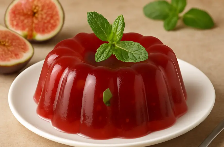 gelatina em um prato na cor branca ao lado uma colher e ao fundo um figo partido ao meio