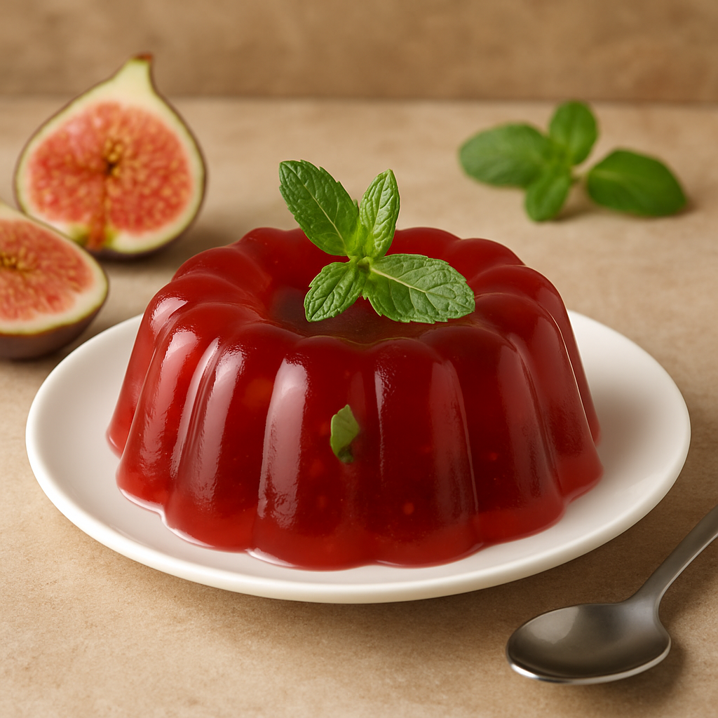 gelatina em um prato na cor branca ao lado uma colher e ao fundo um figo partido ao meio